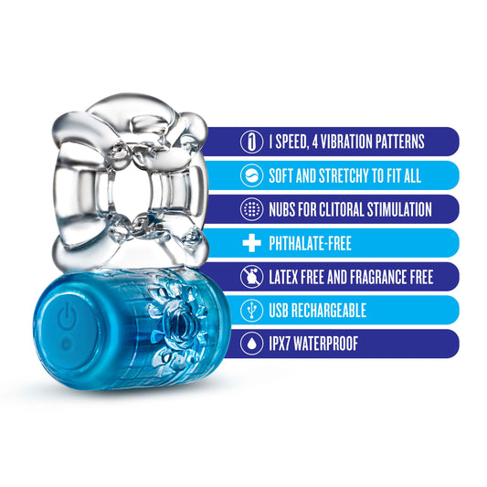 Blush Play with Me Pleaser 2.25" Vibrating Cock Ring for Couples - 5 Vibe Modes, Soft Clitoral Stimulator, Stretchy & Comfy Fit Penis Ring for Extended Climax Play - Adult Sex Toy for Men - (Blue)