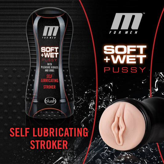 Blush Novelties M for Men Soft & Wet Pussy with Pleasure Orbs & Ridges - Self Lubricating Ultra Soft Realistic Male Masturbator - PerfectFlo Mimics BJ Suction - 1 Size Fits All