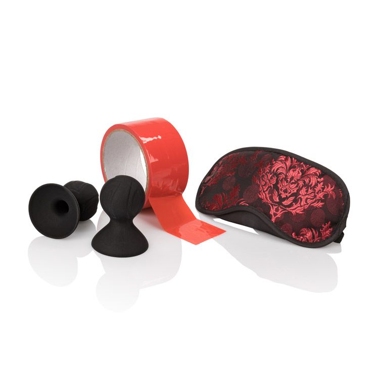 CalExotics Scandal Beginner’s Fetish Kit – Restraint Tape with Nipple Suckers and Blindfold – BDSM Fetish Play Toy Set for Couples – SM Bondage Restraint Lingerie