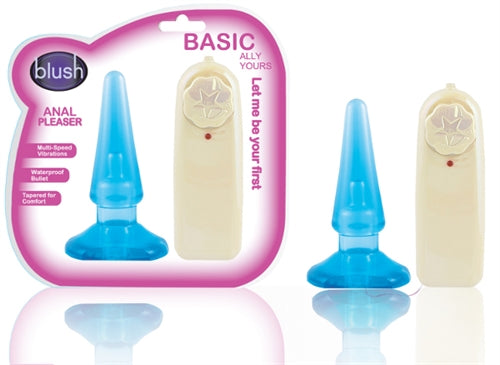 Blush Basic Pleaser 4.25” Vibrating Anal Butt Plug - Remote Control Multi-Speed Anal Trainer for Beginners, Men, Women, Couples - Tapered Tip Anchor Base, Body-Safe Adult Sex Anal Toy Bum Plug - Blue