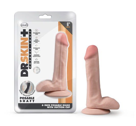 Blush 6.5" Dr. Skin Plus Realistic Posable Dildo, Soft Lifelike Shaft Penis w/Balls, Triple Density Sensa Feel, Suction Cup, Strap-On Vaginal & Pegging Adult Sex Toy Cock for Women Men Couples- Beige