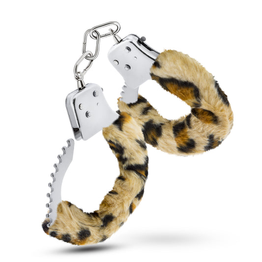 Blush Novelties Sex Toys – Temptasia Faux Fur Metal Hand Cuffs – Adjustable Double Lock Wrist Restraints with Keys & Safety Release – Heavy Duty Fantasy Bondage Kinky Play – Couples, BDSM – Leopard