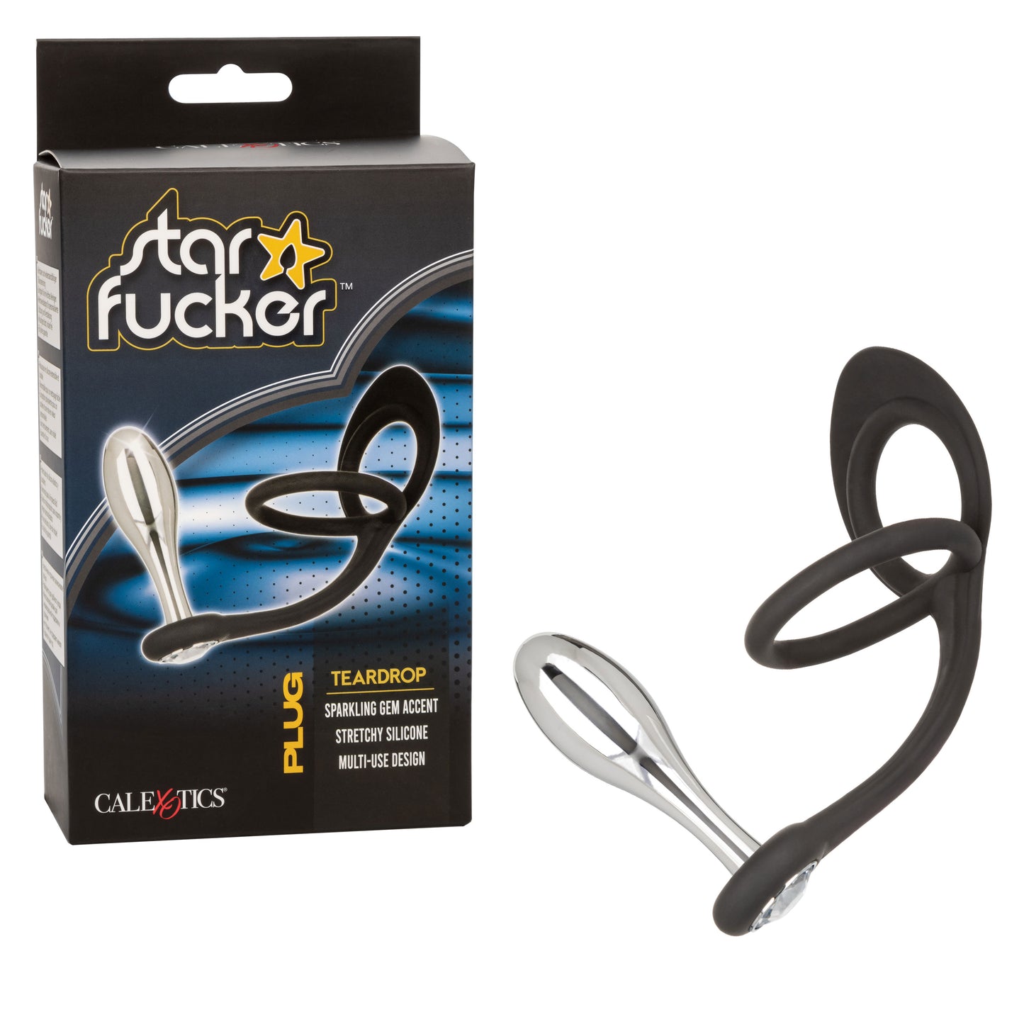CalExotics Star F*cker Teardrop Plug – Metal Probe Male Enhancement Support Ring – Black