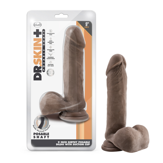 Blush Novelties Dr. Skin Plus - 9 Inch Realistic Posable Dildo with Balls - Suction Cup Base for Hands Free Play and Harness Compatible - Triple Density and Flexible Sex Toy for Him Her Couples.