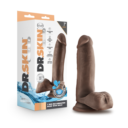 Blush Dr. Skin Glide 7" Self-Lubricating Dildo - Lifelike Skin Realistic Cock, Suction Cup, O-Ring Compatible Vaginal Dildo w/Balls, Body Safe TPE Adult Sex Toy for Women, Men, Couples - (Chocolate)
