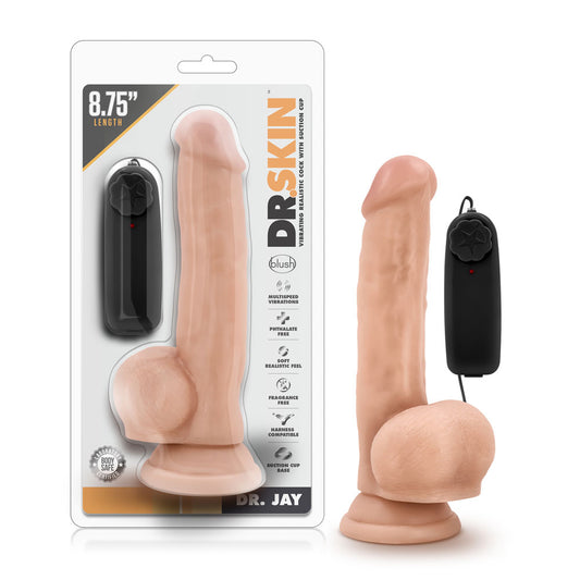 Blush Dr. Skin 8.75" Dr. Jay Realistic Vibrating Dildo, 1.75" Wide Multi-Speed Pussy Prostate Massager Vibrator, Suction Cup, Harness Compatible, RC Play Women Men Couples Adult Sex Toy Vanilla Cock