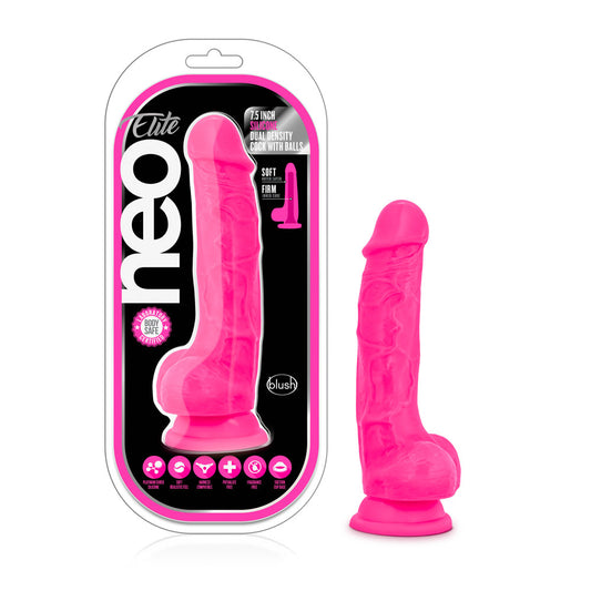Blush Neo Elite - 7.5 Inch Purio Silicone Dual Density Dildo - Ultrasilk Smooth - Strap On Compatible Suction Cup Penis for Hands Free Anal Vaginal Play - Adult Sex Toy for Women Couples - Neon Pink