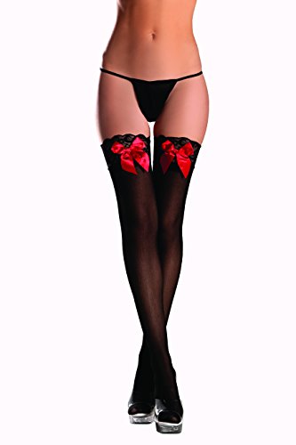 Be Wicked Women's Sheer Lace Top Thigh Highs with Red Satin Bows, Black/Red, One Size
