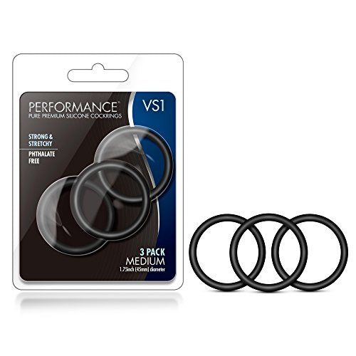 Blush Novelties - Blush Performance VS1 - Puria Silicone Penis Ring, Stretchy & Durable Erection Enhancing C-Rings Set, Can Use with Strap On - 3 Pack Male Enhancer Cock Band - Adult Sex Toys - Black