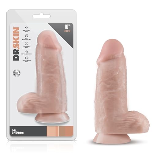 Blush Dr. Skin Dr. Chubbs 9.75" Realistic Dildo w/Balls, Soft Flexible Huge Lifelike Cock - Suction Cup, Harness Compatible, Body-Safe PVC - Role Play Adult Sex Toy for Women, Men & Couples - (Beige)