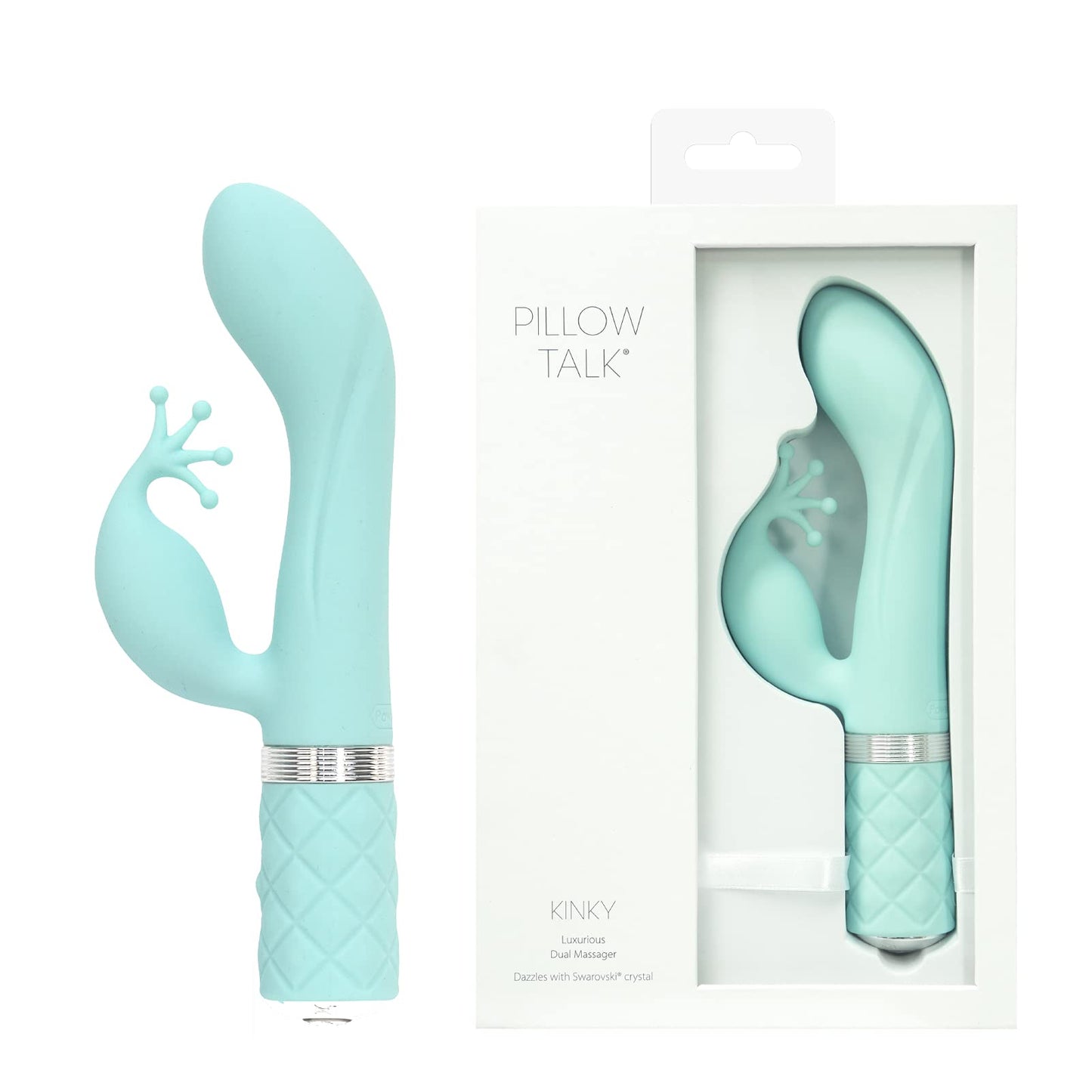 Pillow Talk Kinky Vibrator with Swarovski Crystal, Dual Stimulator, Deep and Rumbly PowerBullet Vibrations, Dual Motor Functions, Rechargeable for Cordless Play (Teal)