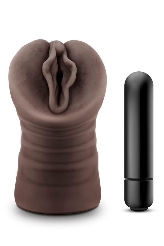 Blush Novelties Hot Chocolate Alexis - Vibrating Hand Held Realistic Soft Ribbed Open Ended Ultra Soft Ribbed Masturbator Stroker - Sex Toy for Men Couples - Chocolate