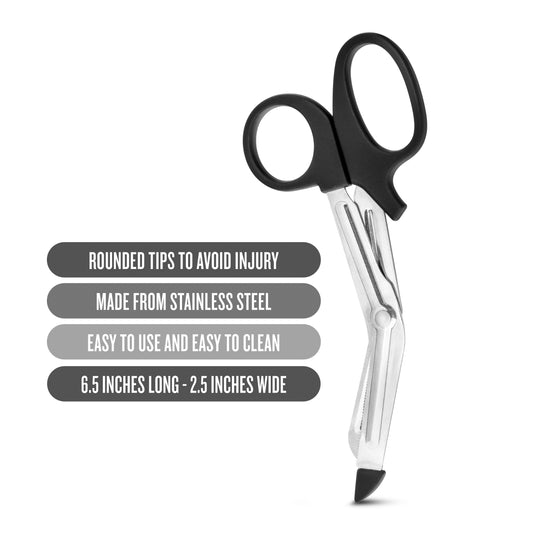 Blush Temptasia 6.5" Bondage Safety Scissors, Stainless Steel Curved BDSM Rope & Tape Cutting Shears, Angled Trauma EMT Style Scissors, Rounded Tips, Safe Restraint & Bondage Play Snipper - (Black)