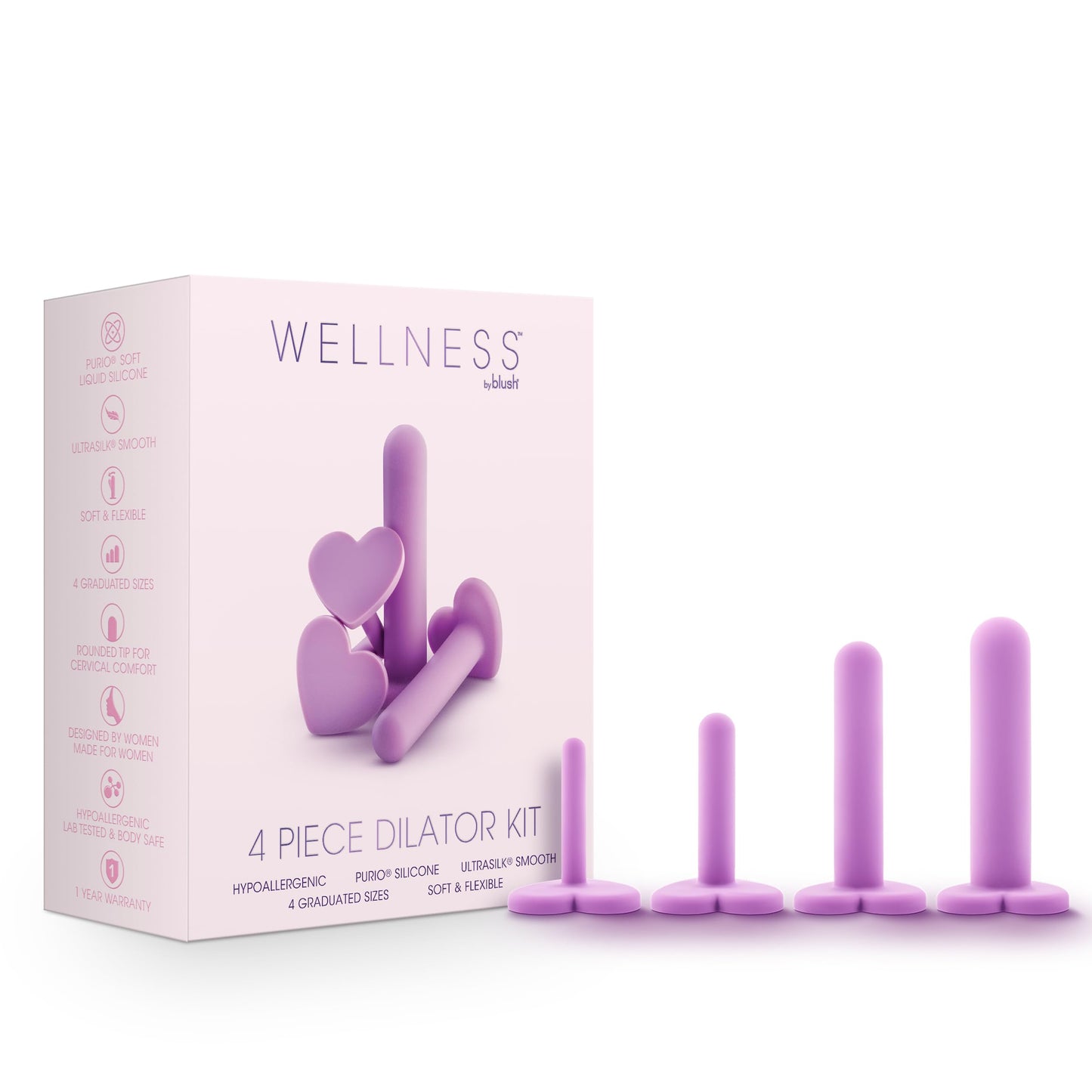 Blush Wellness Puria Silicone Dilator Set Round Tip, Heart-Shaped Suction Cup Base, 4 Progressive Sizes, Vaginal/Pelvic Floor Muscle Trainer, Stretcher, Expander Stimulator - Women Sex Toys - Purple