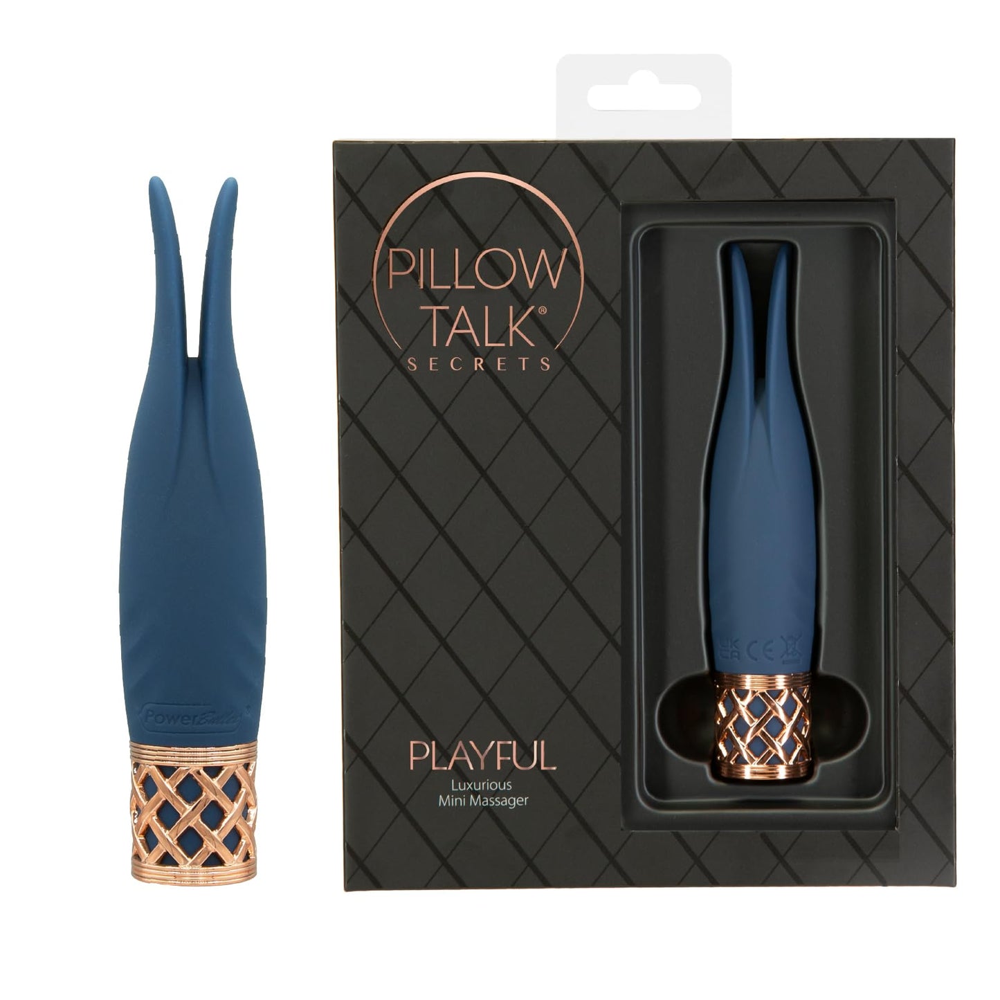 Pillow Talk Secrets Playful Mini Vibrating Wand Massager, Flickering Rabbit Ear Tips, Incremental Speed Control, Press and Hold Features with Powerful PowerBullet Technology, USB Rechargeable (Navy)
