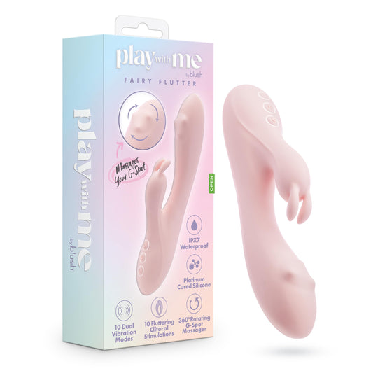 Blush Novelties Play with Me - Fairy Flutter 7.75 Inch G Spot Clitoral Vibrator - 10 Vibration Modes - 360° Rotating G-Spot Massager - Platinum Cured Silicone - IPX7 Waterproof - Adult Sex Toy - Pink
