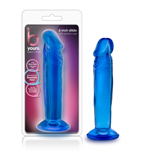 Blush Adult Sex Toys - B Yours, Sweet n Small Realistic 6 Inch Short Dildo - 1.5 Inch Wide Strap On Ready Suction Cup - Body Safe, Non Porous Soft - Pegging, Anal - Women Men Couples - Blue