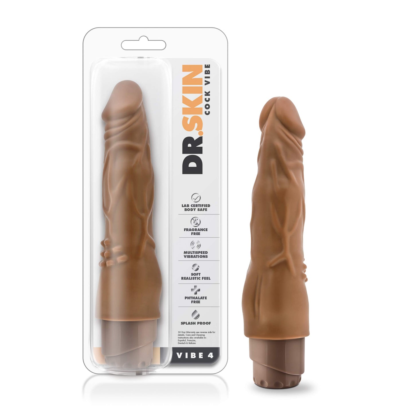 Blush Novelties Dr Skin Vibe 4 - Real Feel 8 Inch Realistic Vibrating Dildo - 1.5 Inch Width - IPX7 Waterproof - Soft Body Safe Material Multi Speed Bendable Vibrator - Sex Toy for Couples - Mocha