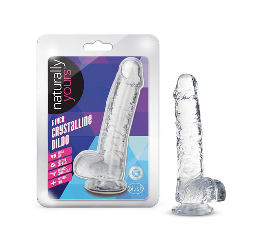 Blush Naturally Yours 6" Diamond Slim Dildo w/Balls, 1" Wide Realistic Transparent Cock - Suction Cup, Strap-On Compatible - Beginner Anal & Vaginal - Adult Sex Toy for Women, Men & Couples - (Clear)