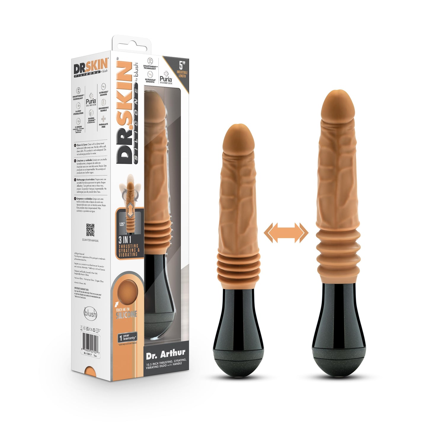 Blush Novelties Dr. Skin Silicone Dr. Arthur - Large 10.5 Inch Vibrating, Gyrating and Thrusting Dildo with 3 Speeds - Puria Platinum Cured Silicone Realistic Penis Tan