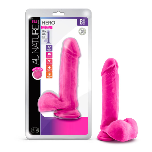 Blush Novelties Au Naturel Bold Hero 8 Inch Realistic Dual Density Silicone Dildo - Ultra Soft Flexible Shaft for Vaginal G-Spot & Anal Play - Strong Suction Cup Base - Sex Toy for Men & Women - Pink