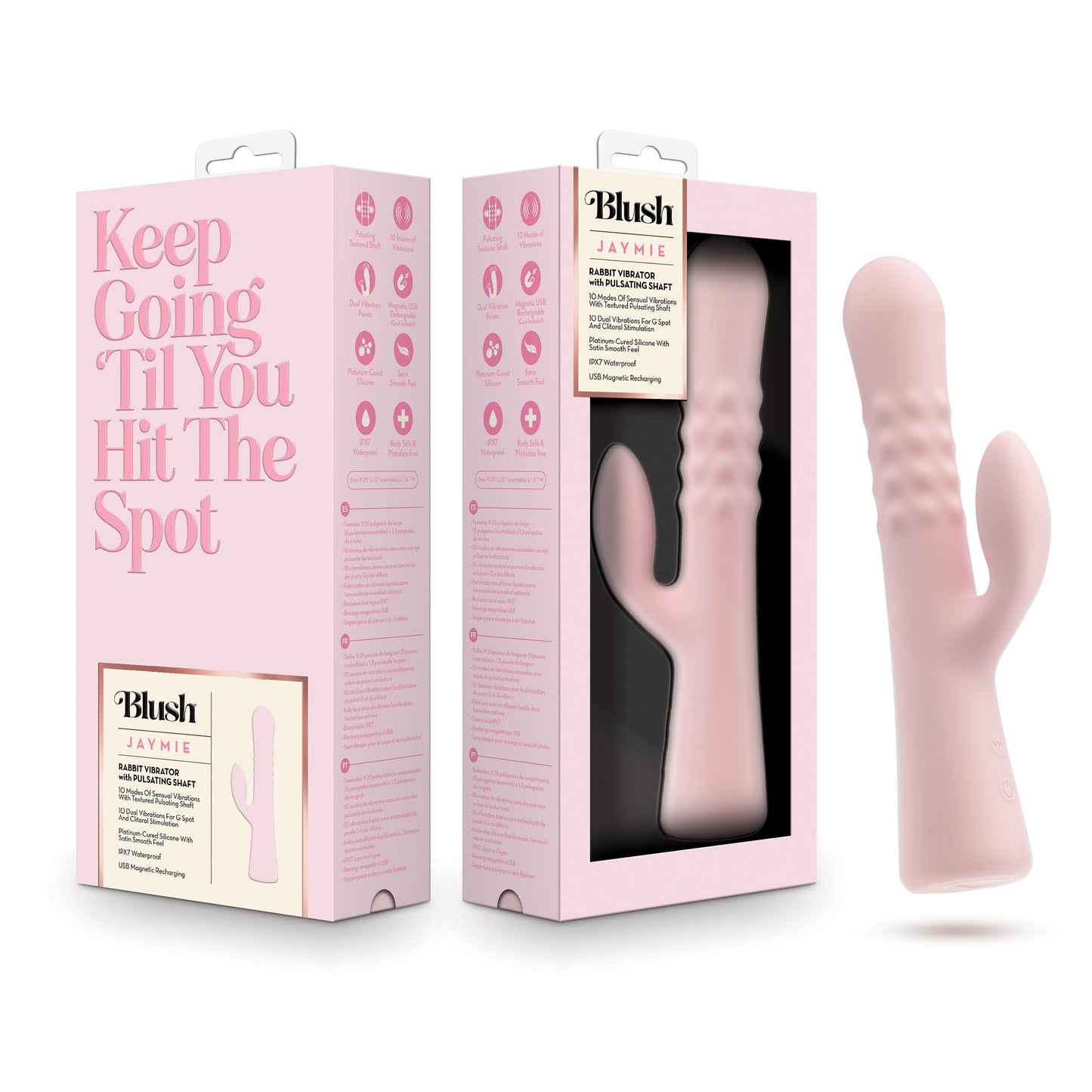 Blush Novelties - Jaymie 9.25 Inch Silicone G Spot Clitoral Dual Stimulation Rabbit Vibrator for Women in Pink - 10 Vibration Modes - USB Magna Charge™ Rechargeable - IPX7 Waterproof - Adult Sex Toy
