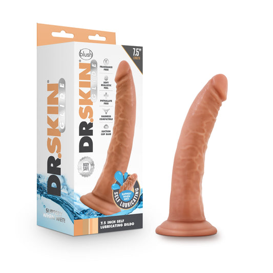 Blush Novelties, Dr. Skin Glide, 7.5" Self Lubricating Feels Like Skin Soft Realistic Dildo, Slim 1.5" Thick, Sturdy Strap On Compatible Suction Cup for Hands Free Play, Sex Toy for Women Men, Mocha