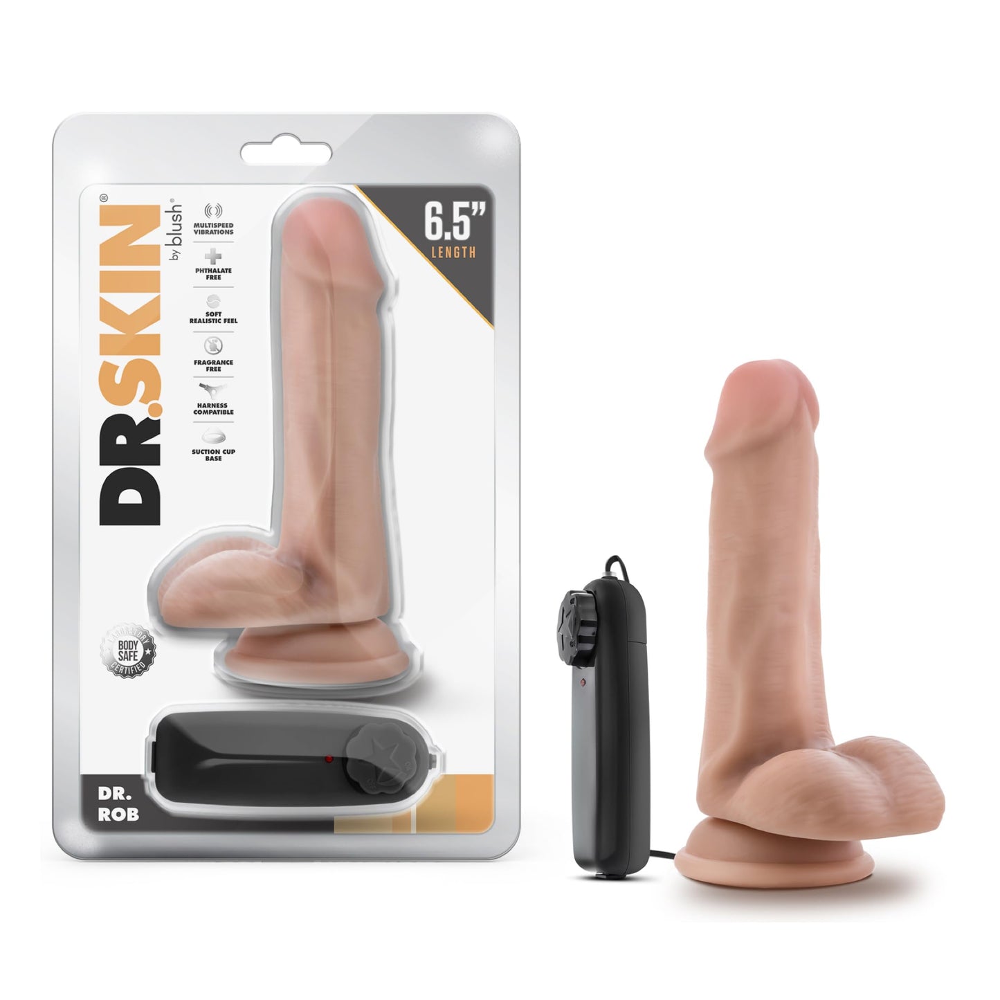Blush Novelties Dr. Skin Dr. Rob - 6.5 Inch Lifelike Realistic Multi Speed Vibrating Slim Dildo - Harness Suction Cup for Hands Free Play - Remote Controlled Vibrator Sex Toy for Women Men - Vanilla