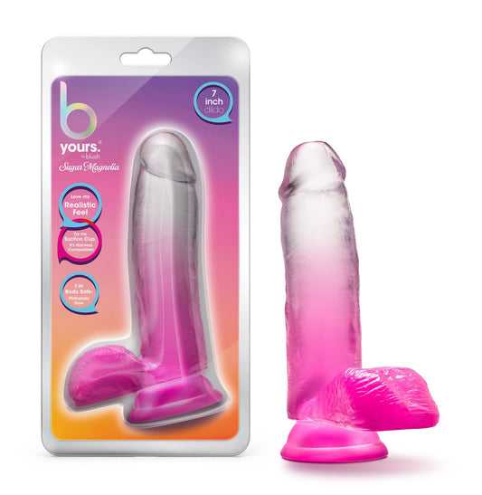 Blush B Yours Sugar Magnolia 6.75" Realistic Dildo w/Balls, Gradient Pink Vaginal or Anal Play Cock, Suction Cup, Strap-On Compatible - Soft PVC Adult Penis Toy for Women, Men & Couples - (Fuchsia)
