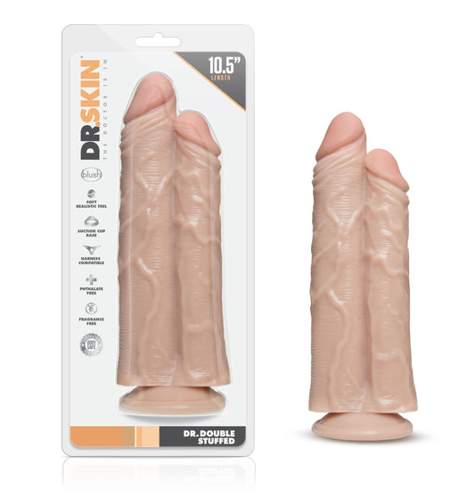 Blush 10.5" Dr. Skin Double Trouble Realistic Double Dildo, 3.25" Wide Two Shafts in One Cock, Suction Cup, Harness Compatible, Long Bendable Dual Vanilla Penis, Adult Sex Toy for Women, Couples, Men
