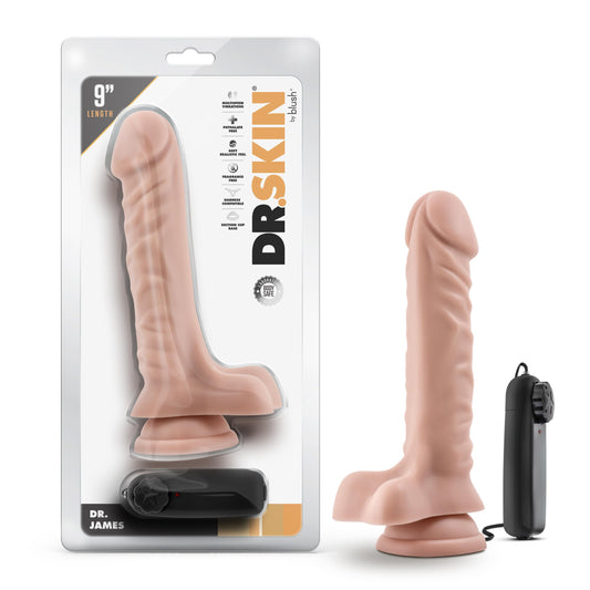 Blush Novelties Dr. Skin - 9.5 Inch Lifelike Realistic Remote Control Vibrating Dildo - 1.75in Thick - Strap On Compatible Suction Cup for Hands Free Play - Multi-Speed Vibrator for Women Men - Beige