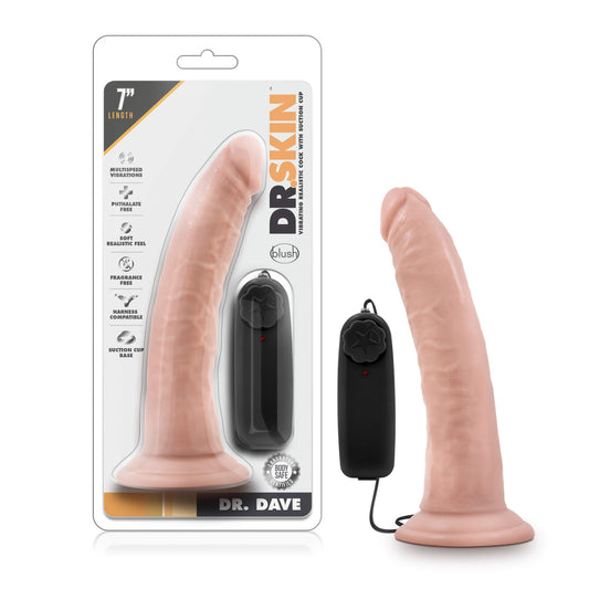Blush Novelties Dr. Skin Dr Dave - 7 Inch Remote Controlled Vibrating Dildo - Strap On Compatible Suction Cup for Hands Free Play - Lifelike Body Safe Slim Vibrator Sex Toy for Men Women - Vanilla