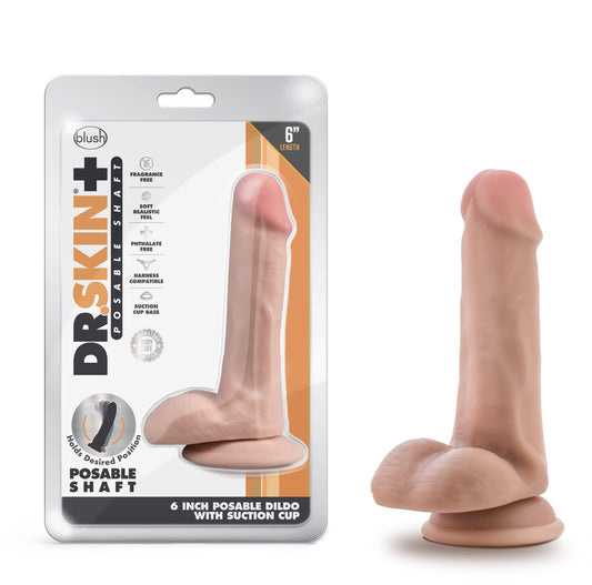Blush Dr. Skin Plus 6.5" Realistic Posable Shaft Dildo w/Balls, Soft Lifelike Cock - Triple Density Sensa Feel, Suction Cup, Strap-On Pegging Play - Adult Sex Toy for Women, Men & Couples - (Beige)