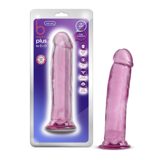 Blush Novelties B Yours Plus Thrill n Drill - Realistic 9.5 Inch Crystal Clear Soft Dildo - Powerful Suction Cup Base for Hands Free Play - Harness Strap On Compatible - Sex Toy for Her Him