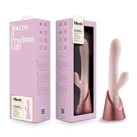 Blush Novelties - Blush Fraya 9.5 Inch Silicone G Spot Clitoral Dual Stimulation Rabbit Vibrator in Pink - 10 Thrusting Vibration Modes - Deluxe Magnetic USB Charging Stand - Adult Sex Toy