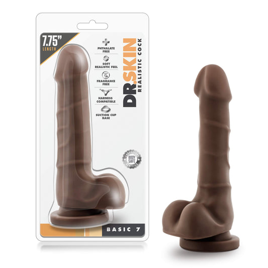 Blush Dr. Skin Realistic 7.75" Chocolate Dildo w/Balls, Long Silm Lifelike Cock for Solo Vaginal & Pegging - Suction Cup, Harness Compatible - Beginner Adult Sex Toy for Women, Men & Couples -(Brown)