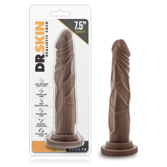 Blush Novelties Dr. Skin Basic 7 1/2 Inch Realistic Flexible Soft Slim Comfortable Dildo - Fragrance Free Suction Cup Harness Compatible Male Female Adult Toys - Sex Toy for Couples - Chocolate