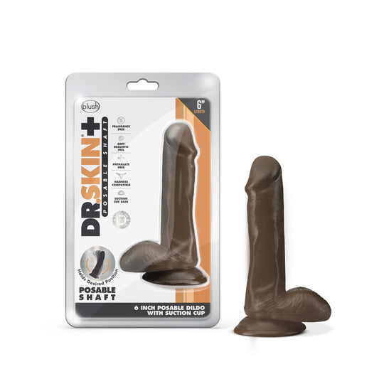 Blush Dr. Skin Plus 6" Realistic Posable Shaft Dildo w/Balls, Soft Lifelike Cock - Triple Density Sensa Feel, Suction Cup, Strap-On Play - Adult Sex Toy Penis for Women, Men & Couples - (Chocolate)