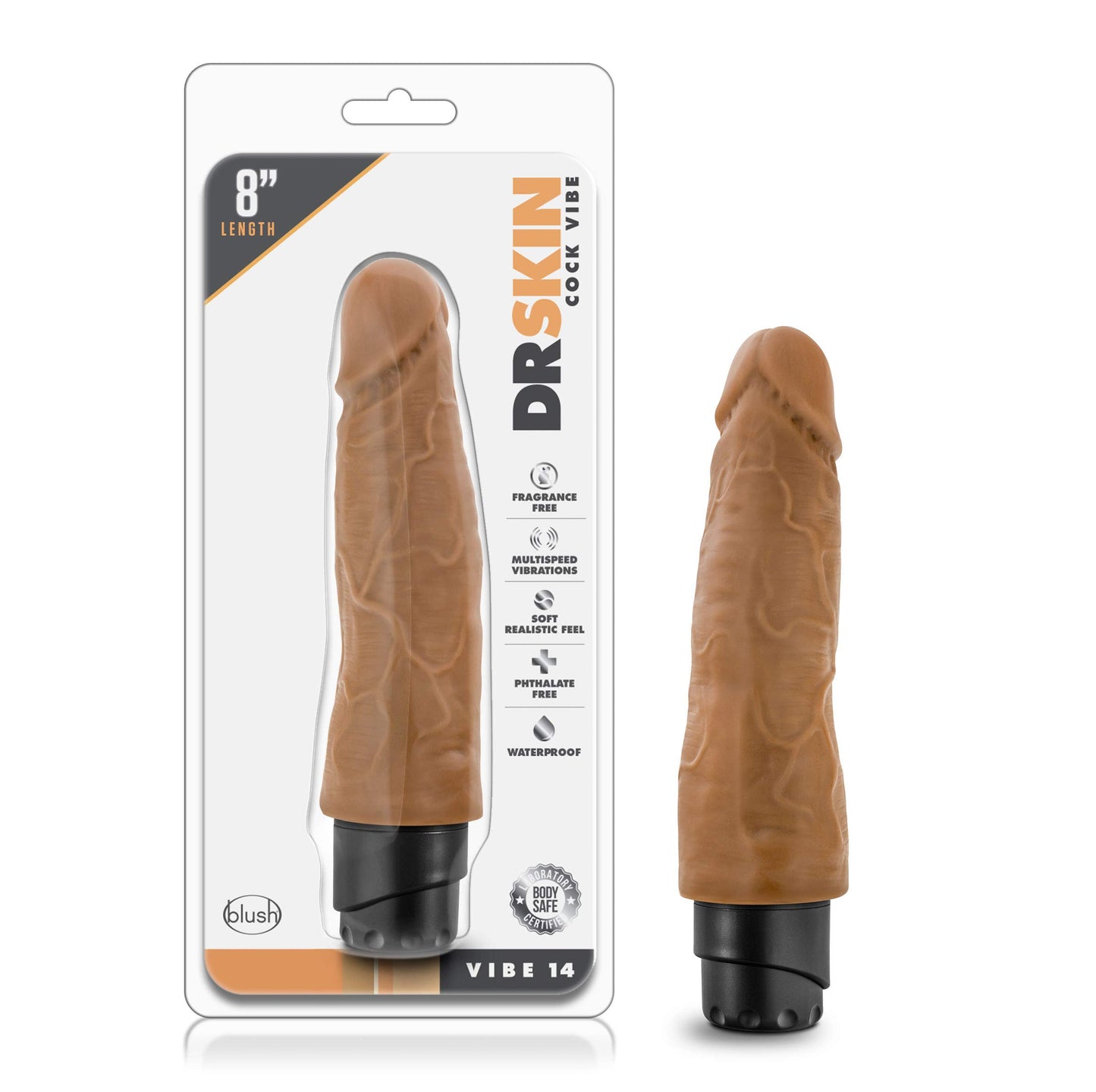 Blush Novelties Dr Skin Vibe 14 - Feels Real Realistic 8 Inch Vibrating Dildo - 2 Inch Thick - IPX7 Waterproof - Soft Body Safe Materials - Multi Speed Bendable Vibrator - Sex Toy for Couples - Mocha