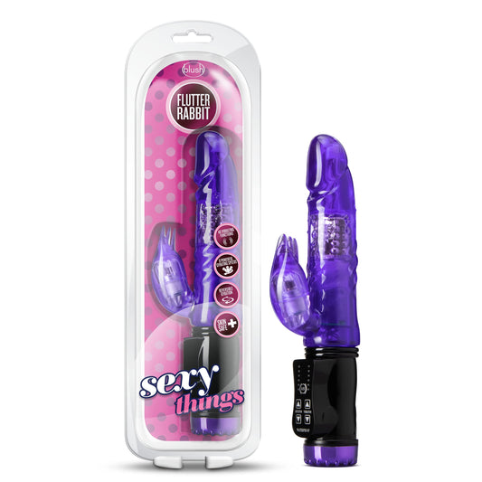 Blush Novelties Sexy Things Flutter Rabbit - Mini Rabbit Vibrator - 48 Function 3 Vibration Points - 2 Way Gyrating Shaft and Rotating Pleasure Beads - Soft Flexible Clit Stimulator - Sex Toy