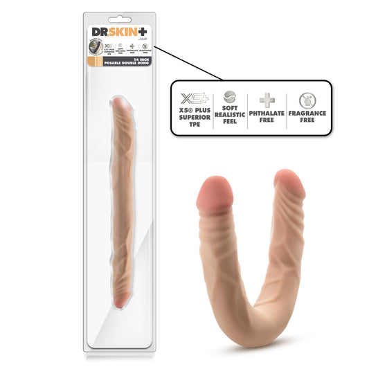 Blush Novelties Dr. Skin Plus - 14 Inch Double Dong - Extra Long with A Realistic Posable Shaft - Made with X5® Plus, Superior TPE - 100% Body-Safe & Phthalate Free - Adult Sex Toy – Beige