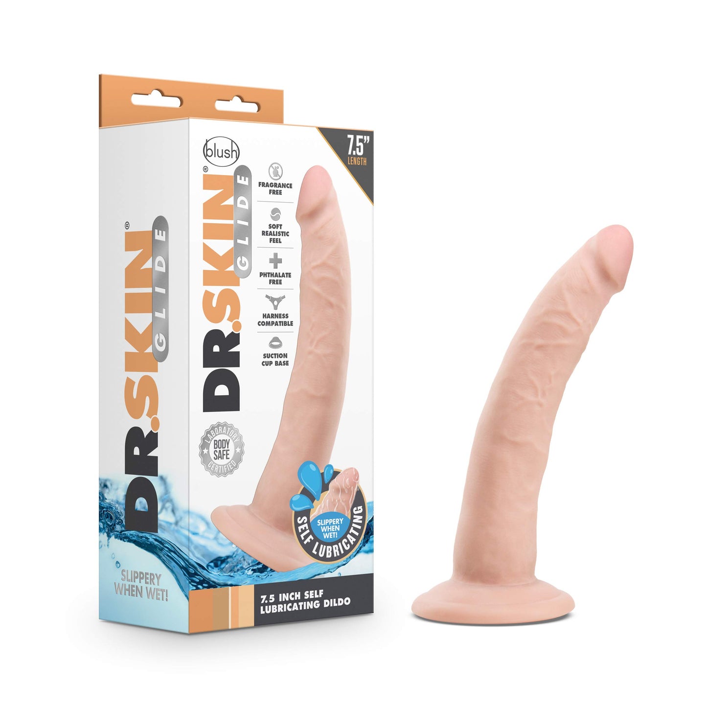 Blush Novelties Dr. Skin Glide - 7.5 Inch Self Lubricating Feels Like Skin Soft Realistic Dildo - Slim 1.5 Inch Thick - Strap On Harness Compatible Suction Cup - Hands Free Play - Adult Sex Toy