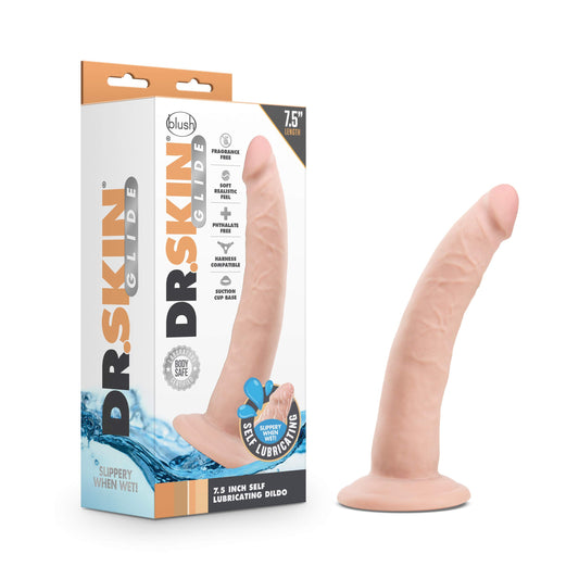 Blush Novelties Dr. Skin Glide - 7.5 Inch Self Lubricating Feels Like Skin Soft Realistic Dildo - Slim 1.5 Inch Thick - Strap On Harness Compatible Suction Cup - Hands Free Play - Adult Sex Toy