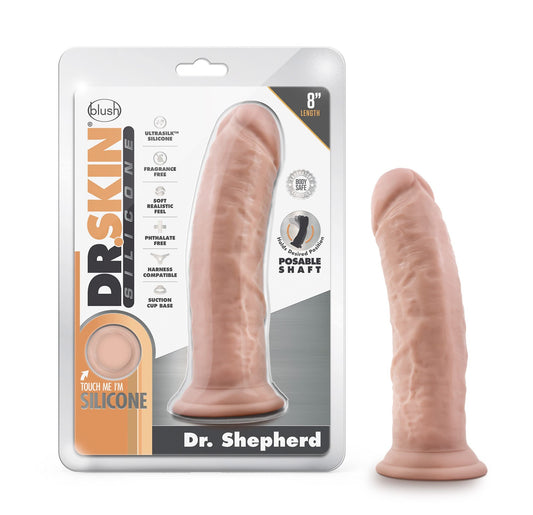 Blush Novelties Dr. Skin Silicone - 8 Inch Realistic Platinum Cured Dong - Powerful Suction Cup for Hands Free Play and Harness Compatible - Posable Shaft Contours to Your Body - Sex Toy