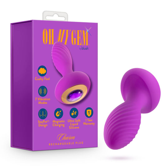Blush Novelties Oh My Gem - Charm 4.5 Inch Vibrating Anal Plug Massager with StayputT Design and Amethyst Gem Base - 7 Vibration Modes - Platinum Cured Liquid Silicone - Adult Sex Toy - Purple