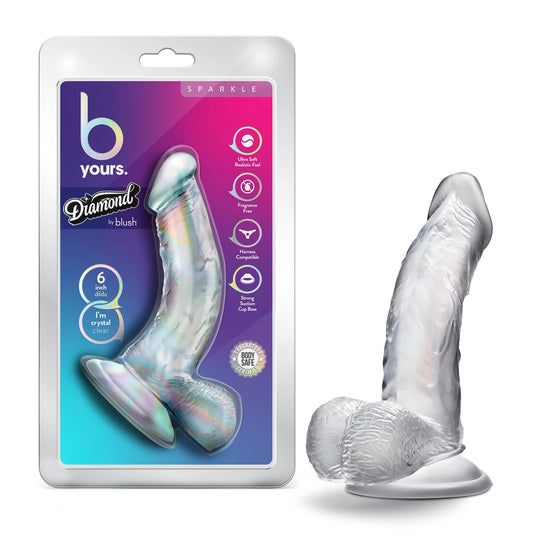 Blush Novelties B Yours Diamond Sparkle - Lifelike Realistic Dildo - Powerful Suction Cup for Hands Free Play and Harness Compatible - Clear to Watch During Play - Sex Toy
