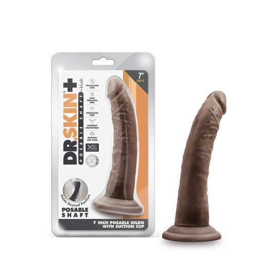 Blush Dr. Skin Plus 7 Inch Realistic Dildo for Beginners - Triple Density Poseable Shaft Penis with Strong Suction Cup - Soft Strap-On Compatible - Adult Sex Toys for Women Men Couples - Chocolate