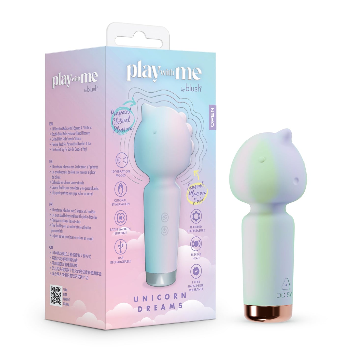 Blush Play with Me Unicorn Dreams 4.5" Clitoral Vibrator - 10 Vibration Modes w/Pleasure Nubs - Platinum Silicone Mini Massager, Nipple & Clit Stimulator, Rechargeable Women's Adult Sex Toy -(Blue)