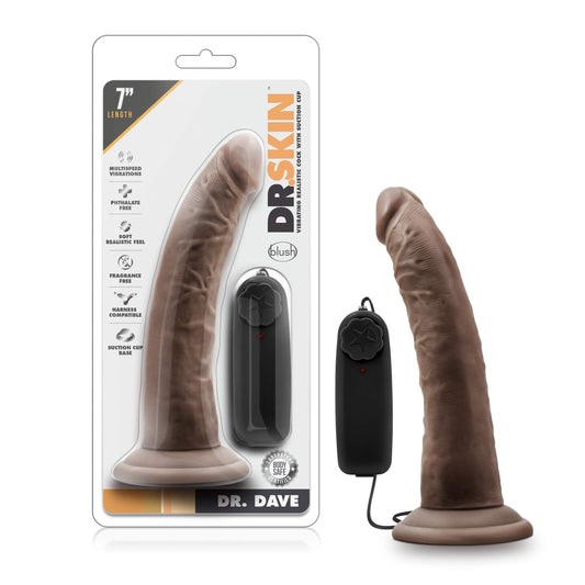 Blush Novelties Dr. Skin Dr Dave - 7 Inch Remote Controlled Vibrating Realistic Dildo - Strap On Compatible Suction Cup for Hands Free Play - Lifelike Body Safe Slim Vibrator for Men Women - Chocolate