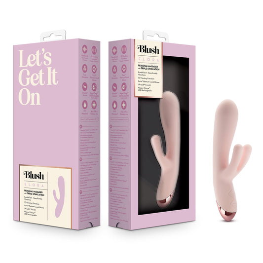 Blush Novelties Elora 8 Inch G Spot Clitoral Triple Stimulation Puria® Silicone Rabbit Massage Vibrator - 10 RumbleTech Dual Modes - USB Magnetic Rechargeable - IPX7 Waterproof - Sex Toy - Pink